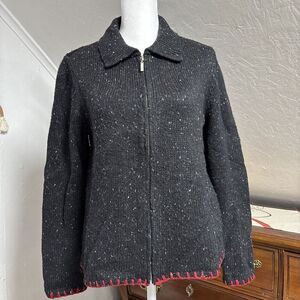 Crazy Horse By Liz Claiborne Knit Sweater Black Flecks‎ Full Zip Contrast Trim S